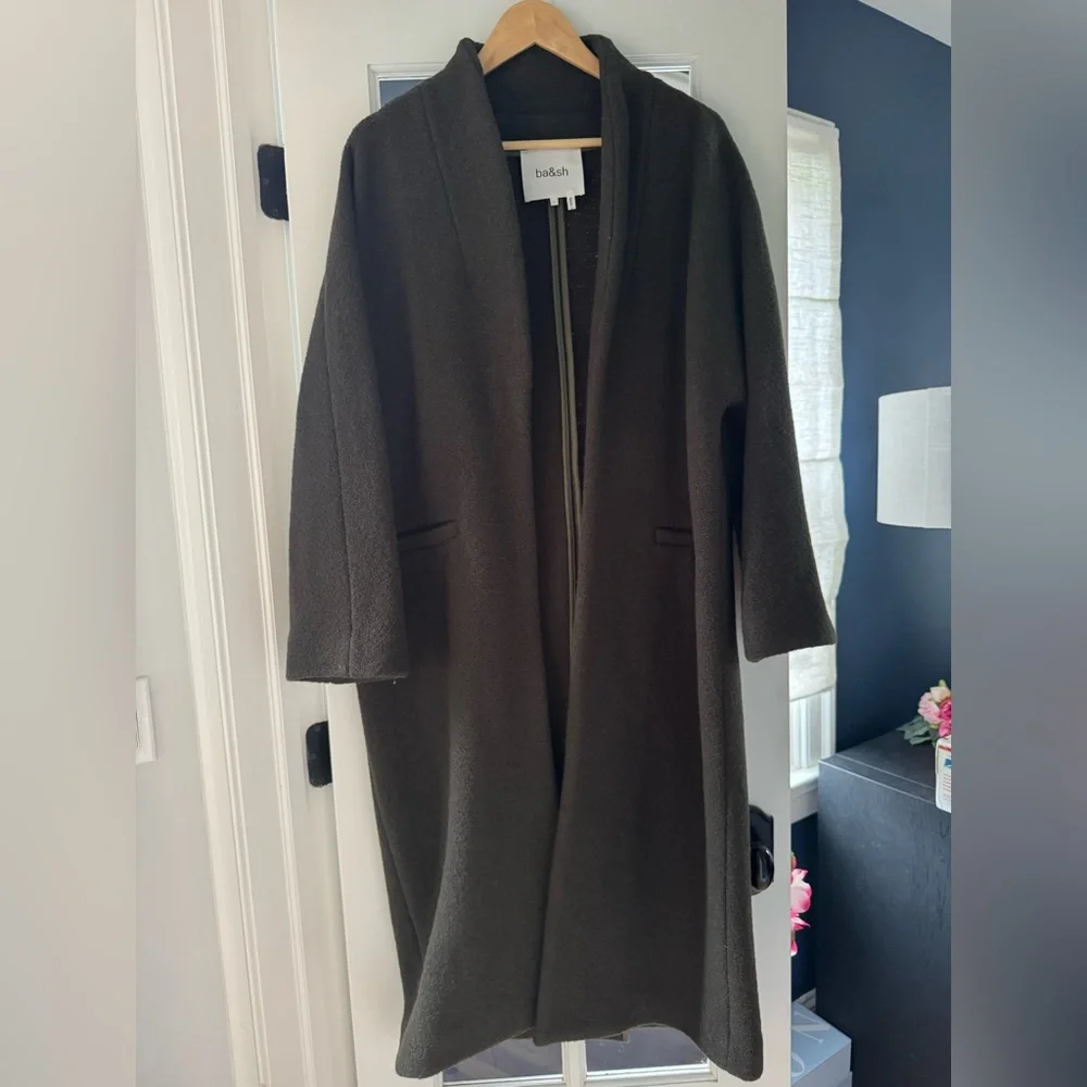 NWT ba&sh khaki “Colin” shawl collar long coat Size Large - Picture 6 of 16